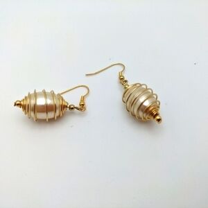 Gold Tone Wire Wrapped Oversized Pearl Earrings